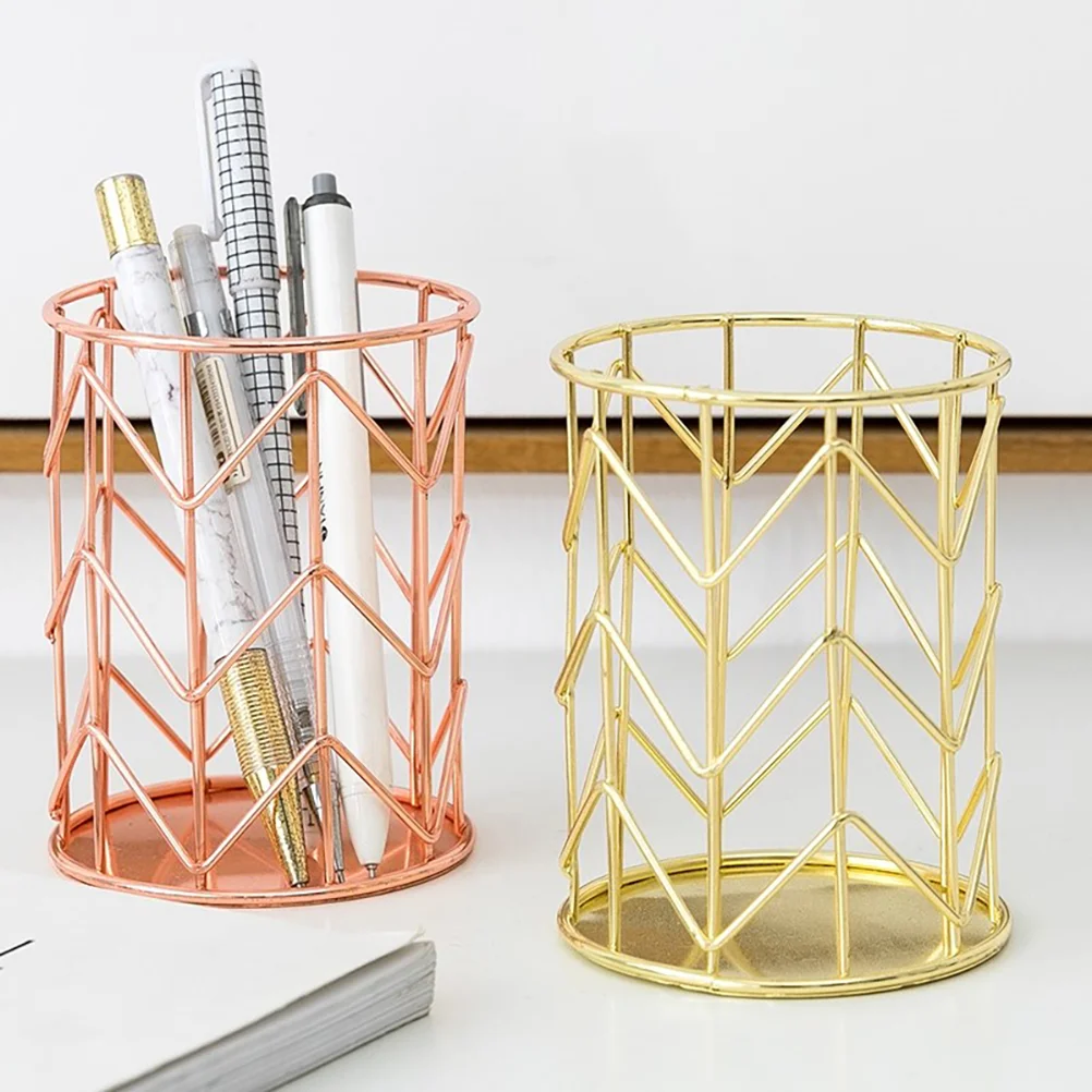 Desktop Pen Holder Wrought Iron Storage Tube Cup Makeup Brush Container Golden Wire Organizer