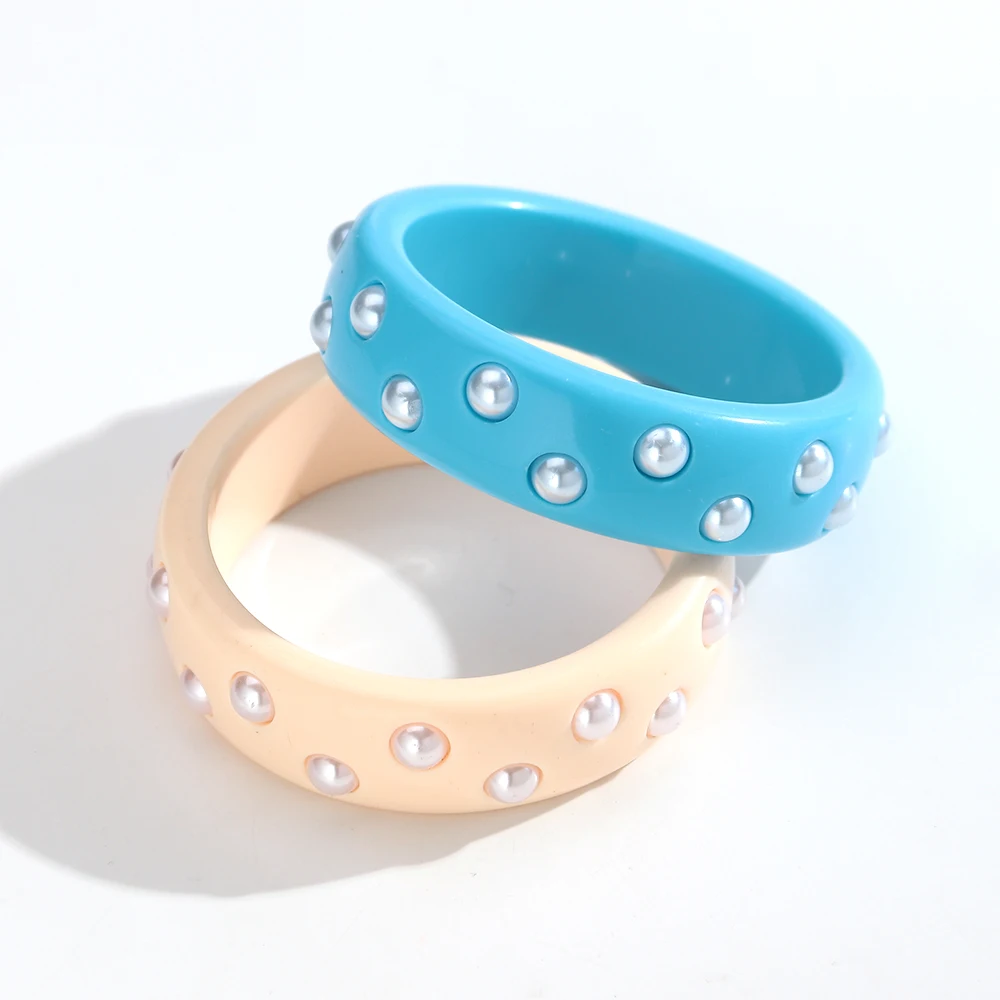 Fashionable Insert Imitation Pearl Beads Round Chunky Bangles Resin Wide Geometric Cuff Bangle for Women New Jewelry Gifts