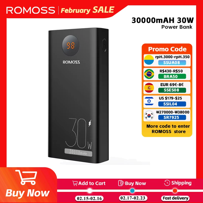 ROMOSS Powerful Power Bank 30000 mAh 30W Type C Fast Charger Romoss 30000mAh External Battery For Xiaomi 13 iphone Cellphone