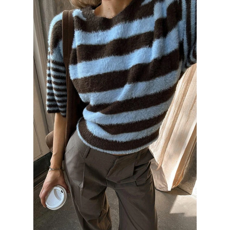 

Combhasaki женские вязаные свитера большого размера Y2k с коротким рукавом и круглым вырезом в полоску, свободный трикотаж, пуловер, джемпер, модная рубашка, топ