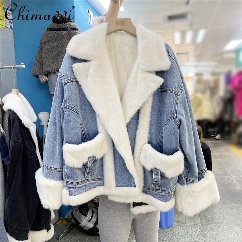 

2024 New Winter European Loose Pie Overcomes Mink Thickened Warm Cotton Clothing Mink Hair Splicing Denim Jacket For Women