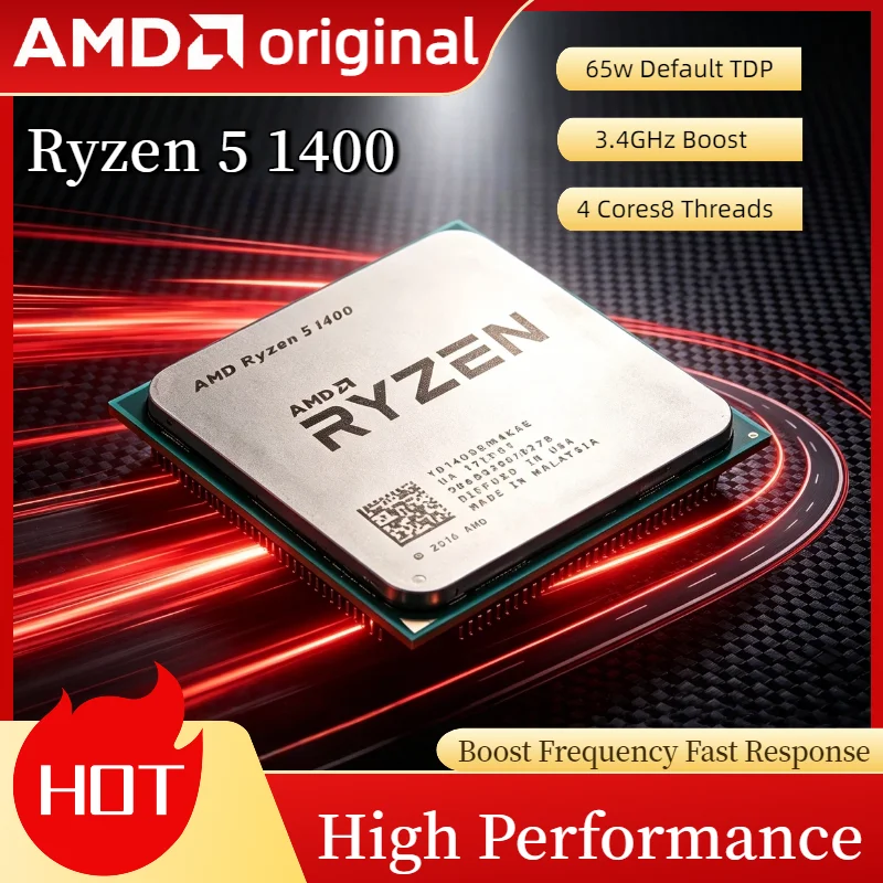 CPU AMD R5 1400 Ryzen 5 1400 Desbloqueado, Procesador de Escritorio de 4 Núcleos y 8 Subprocesos a 3.4 GHz, Socket AM4, CPU para Juegos Sin Embalaje