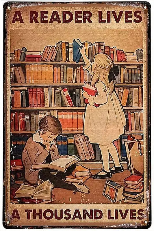 Vintage Style Metal Tin Sign Librarian A Reader Lives A Thousand Lives Tin Sign Wall Poster Plaque for Home Kitchen Bar Cof sign