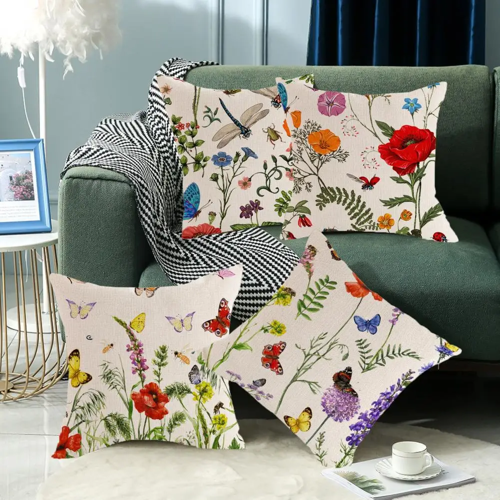 Fabric Pillowcase Flower Butterflies Print Colorful Flower Cushion Cases Decorative Pillow Covers for Home Car for Bedroom