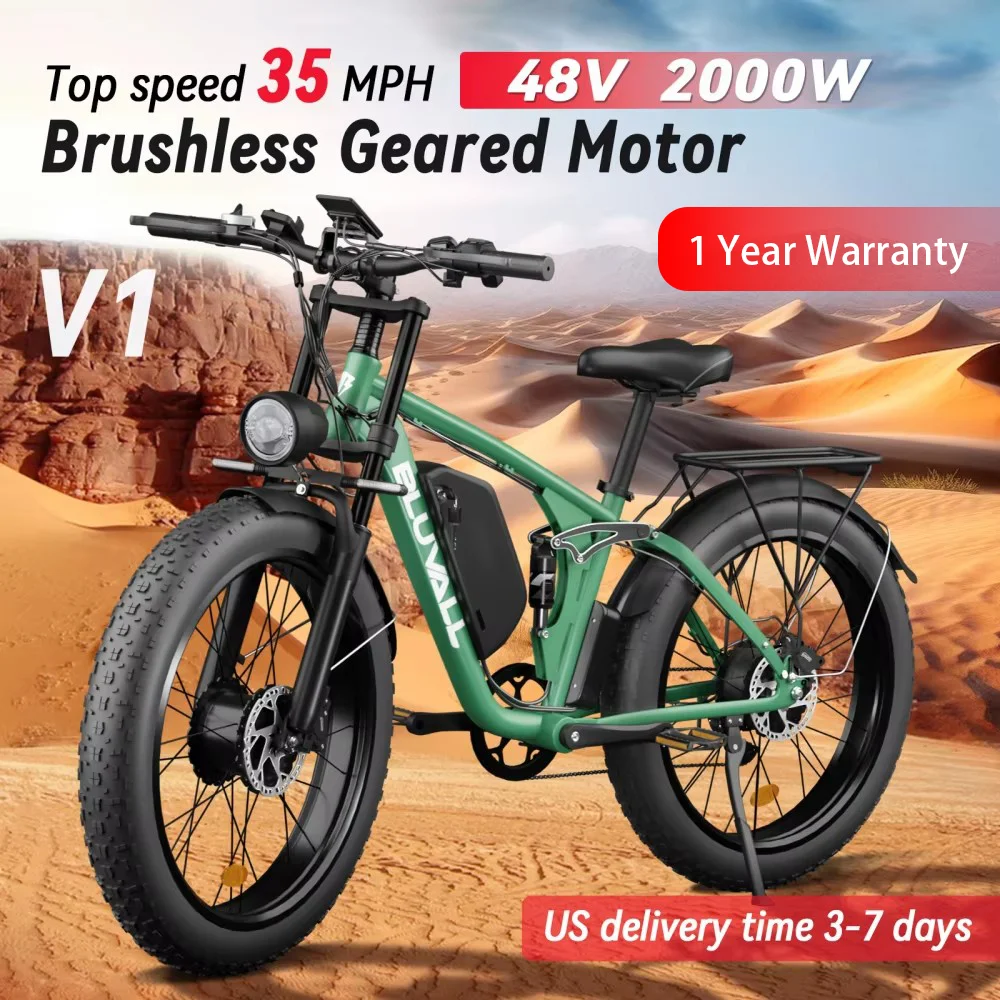 

52V 2000W Dual Motor Fat Tire Electric Bicycle 26x4.0 Snow Beach Bike 8 Speed Full Suspension 35MPH Long Range Adults Commuter