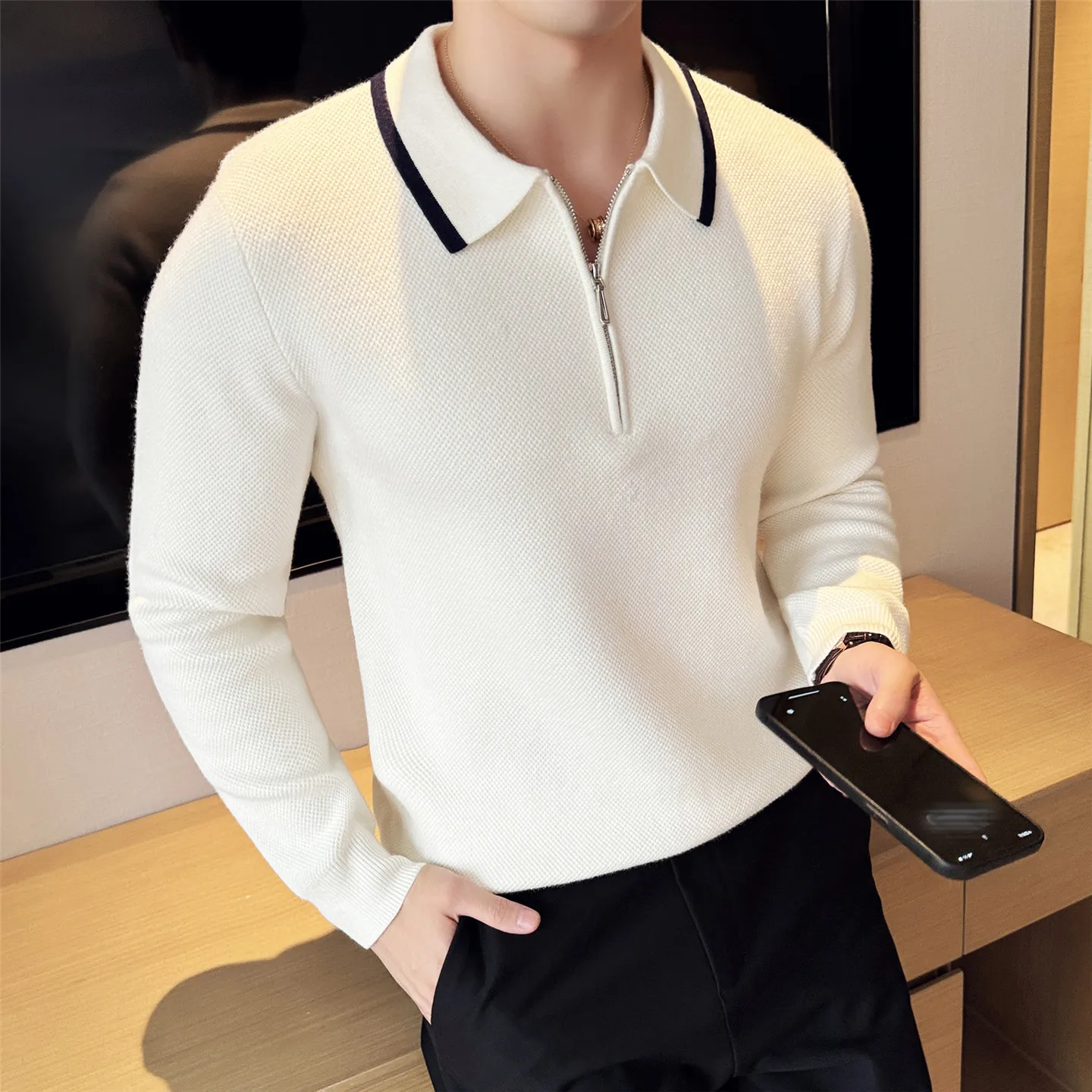 

Мужской осенне-зимний толстый свитер с воротником поло на молнии, вязаный, с цветными блоками, с длинным рукавом, повседневный, деловой, трикотажный пуловер