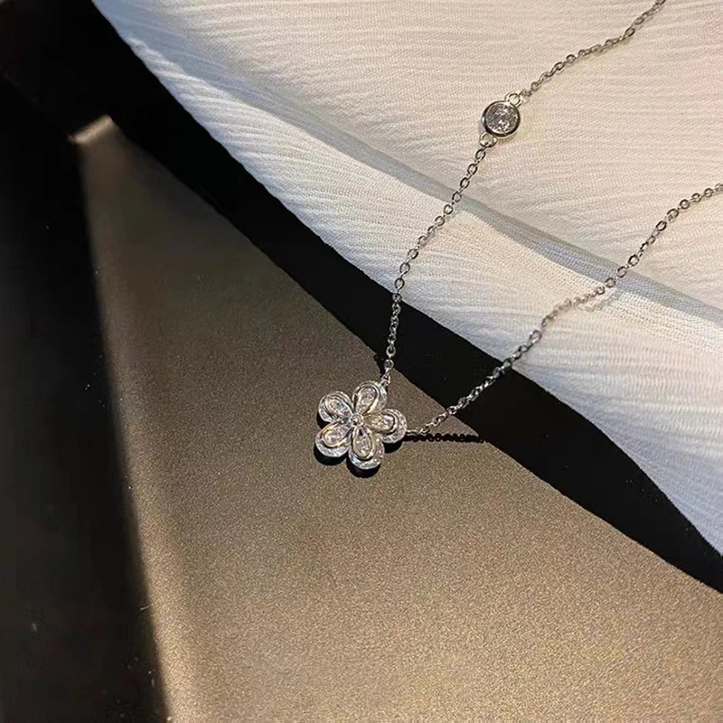 ENSHIR kalung liontin bunga zirkon berkilau untuk wanita rantai tulang selangka perhiasan halus pesta pernikahan grosir