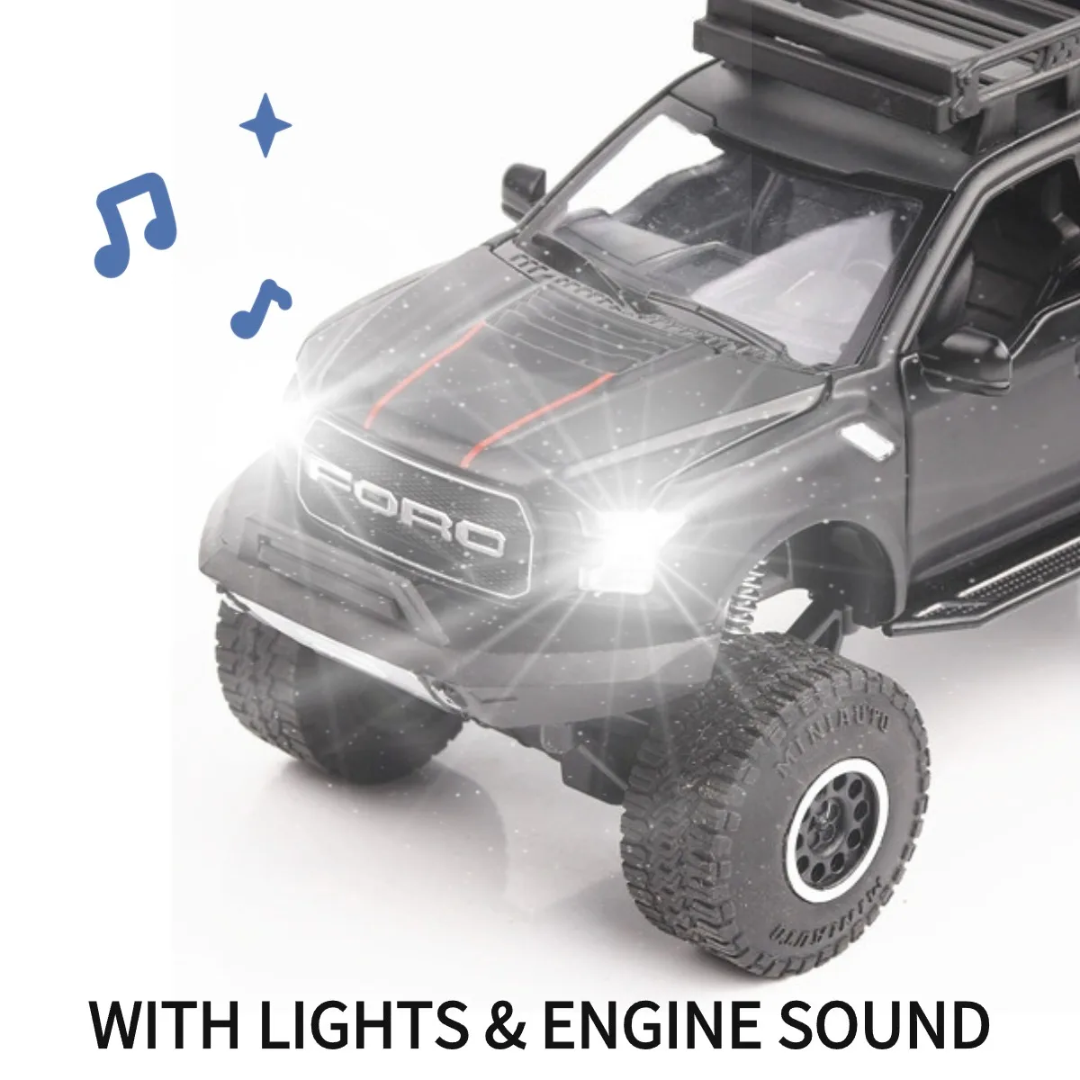 Ford F150 Raptor Scale 1:32 Pullback Car Toy with Lights Engine Sound, VW Mercedes Metal Diecast Car Model Gift Kid Boy Toy