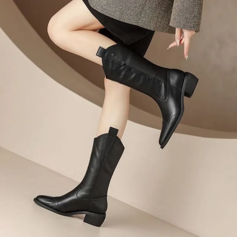 Mid Calf Footwear Brown Half High Leather Women\'s Boots Middle Heel Shoes For Woman Black Goth With Comfortable Cosplay Gyaru