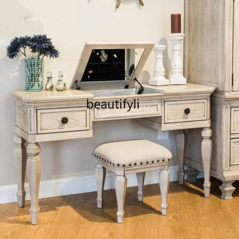 ss1001 American Country Solid Wood White Old Dresser French Retro Bedroom Flip Makeup Table Multifunctional Desk