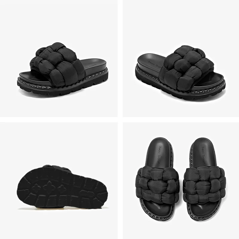 Beautoday Outdoor Slippers Effen Kleur Ronde Neus Stof Dikke Hak Casual Comfort Zomer Dames Platte Schoenen Handgemaakt 38527