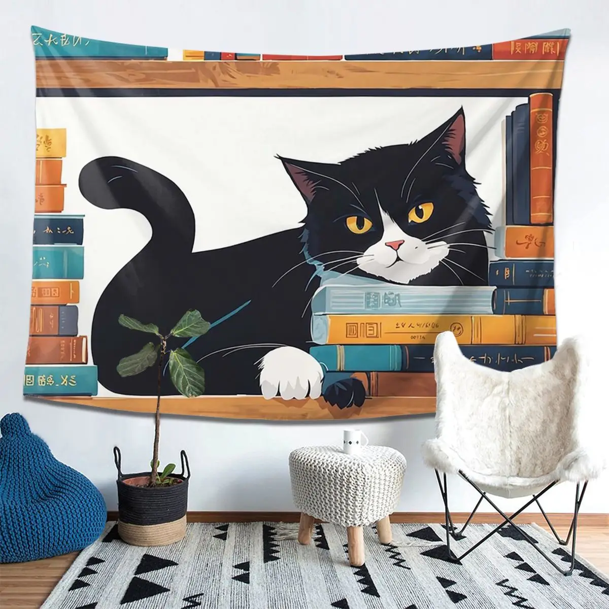 

Милый смокинг с котом и книжным магазином, гобелен, украшение, художественные эстетические гобелены для гостиной, спальни, дома, настенная ткань, настенная подвеска