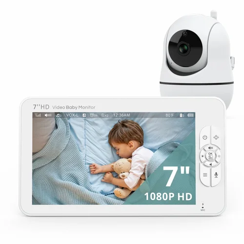 Babystar Monitor de vídeo para bebés de 7"", pantalla HD de 1080P, IPS, compatible con 2 cámaras HD, duración de la batería de 24 horas, alcance de 1000 pies, modo dividido, teléfono para bebés