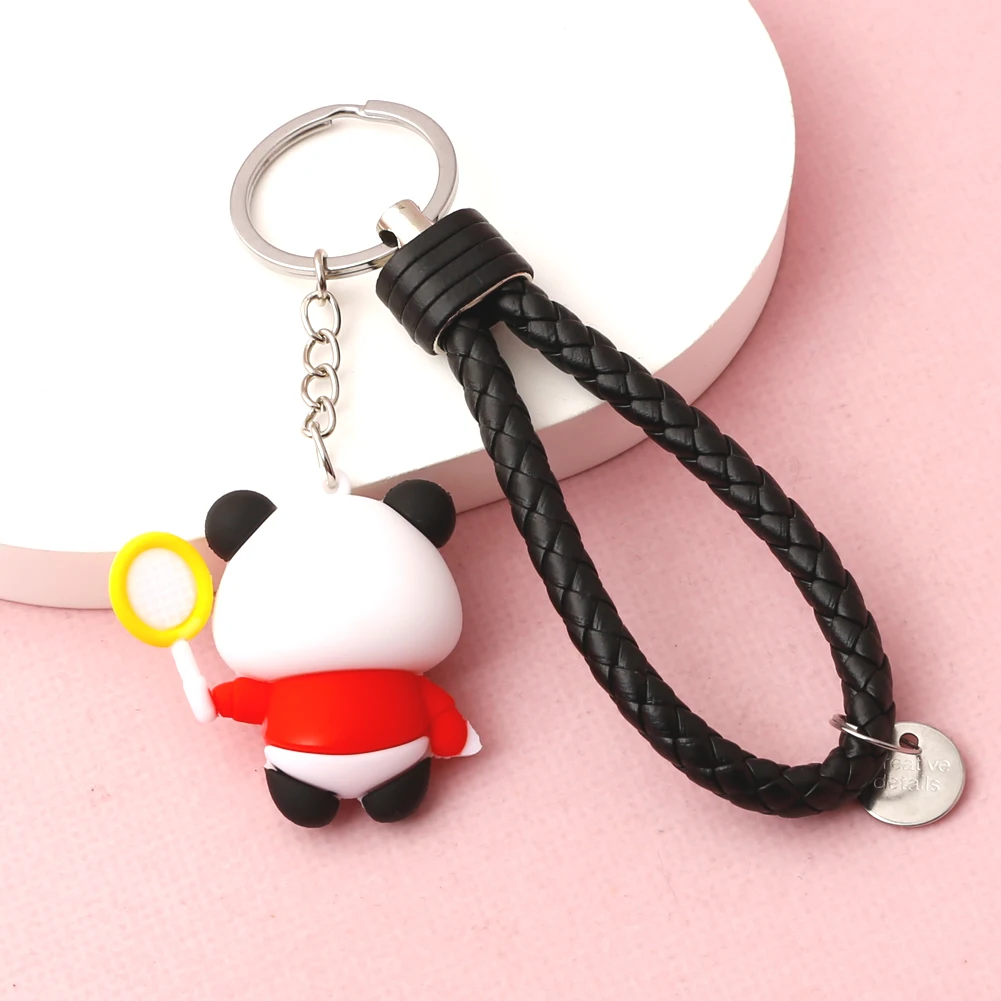Wholesale Cute Badminton Panda Silicone Keychain Chinese Style Sports Pendant Woven Leather Bag Charm Keyring Fan Gift 6pcs
