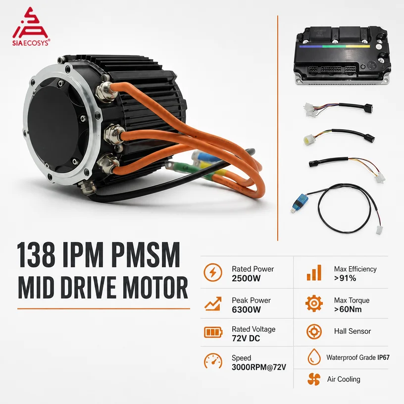Electric Scooter Motorcycle SiA138 60H 2500W Mid Drive Motor Peak 6000W 60N.m with 428 14T Sprocket VOTOL EM100-2 CAN Controller