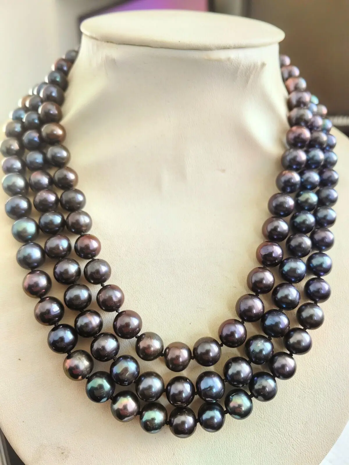 3 strands AAAAA LUSTER 10-11mm REAL natural Tahitian black pearl necklace 14Kp