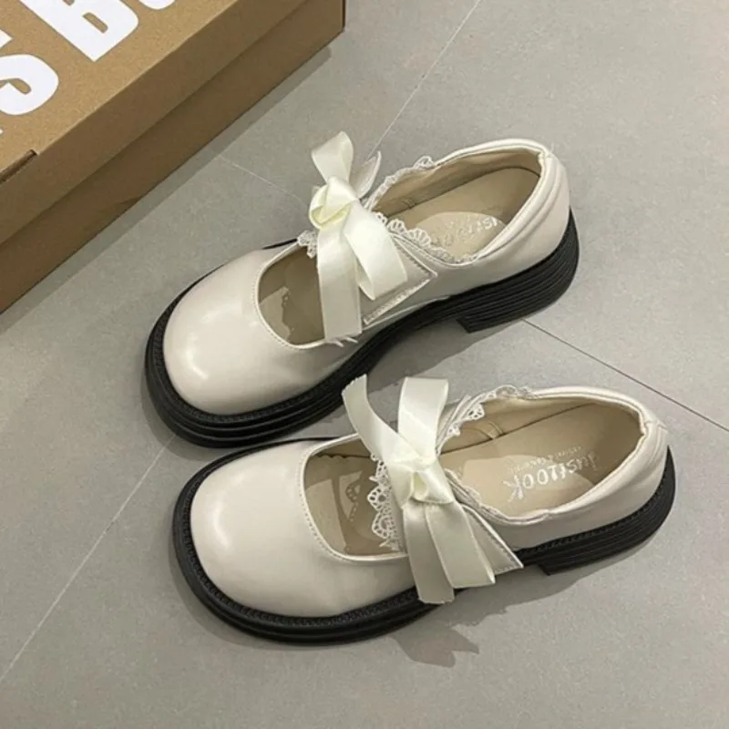 

Bowknot Small Leather Shoes for Women, Summer Lace Thick-soled Mary Jane Round-toed Jk Loafers,Cute Shallow Opening Single Shoes