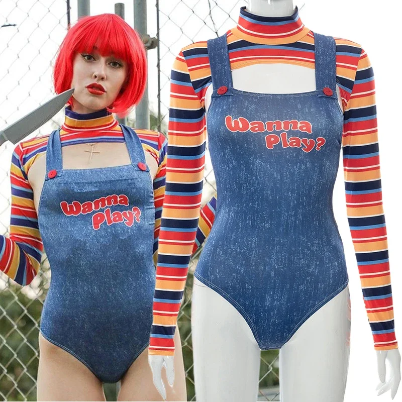 Movie Doll Killer Cosplay Costume Adult Women Bodysuit Long Sleeve Rainbow Top Jumpsuit Uniform Halloween Scary Clothes