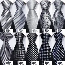 Fashion Mens Ties Set Gray Black Silver White Striped Plaid Solid Paisley Floral Neck Tie Hankderchief Cufflinks