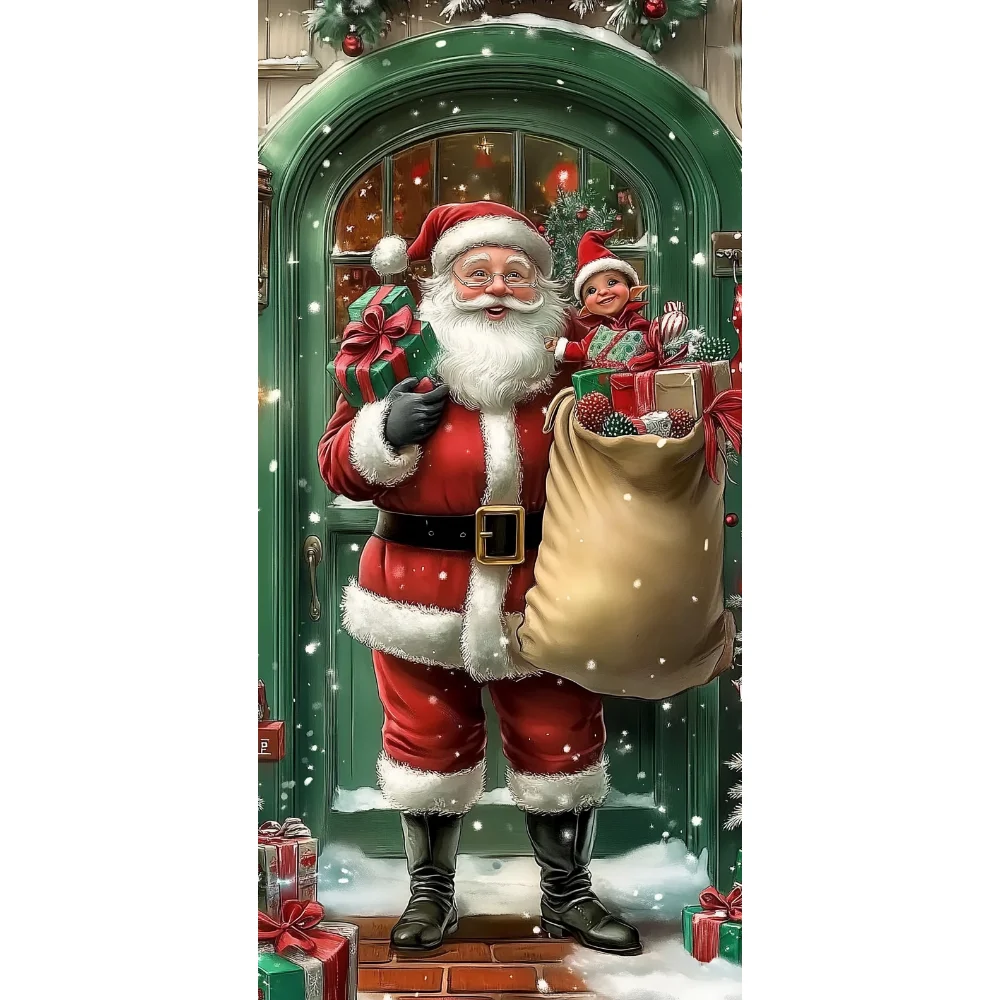 Christmas Door Cover Decorations Santa Claus and Puppy Background Banner for Indoor Outdoor Home Porch Holiday Decor Supplies