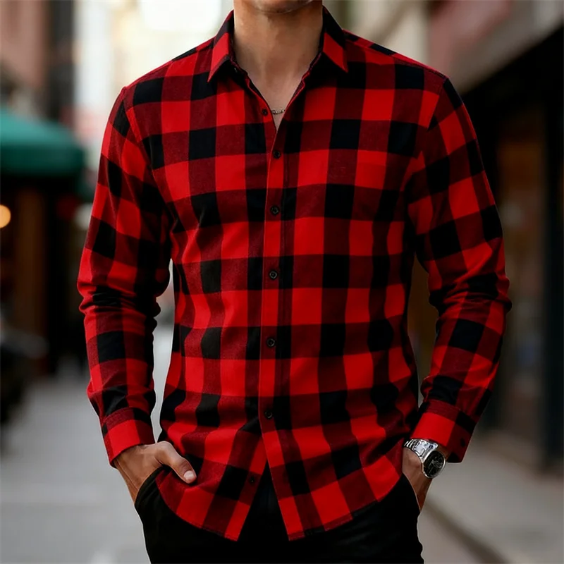قميص رجالي كلاسيكي منقوش باللونين الأحمر والأسود بأكمام طويلة، متوفر بألوان متعددة، قميص كاجوال كاجوال للخروج في الهواء الطلق #1