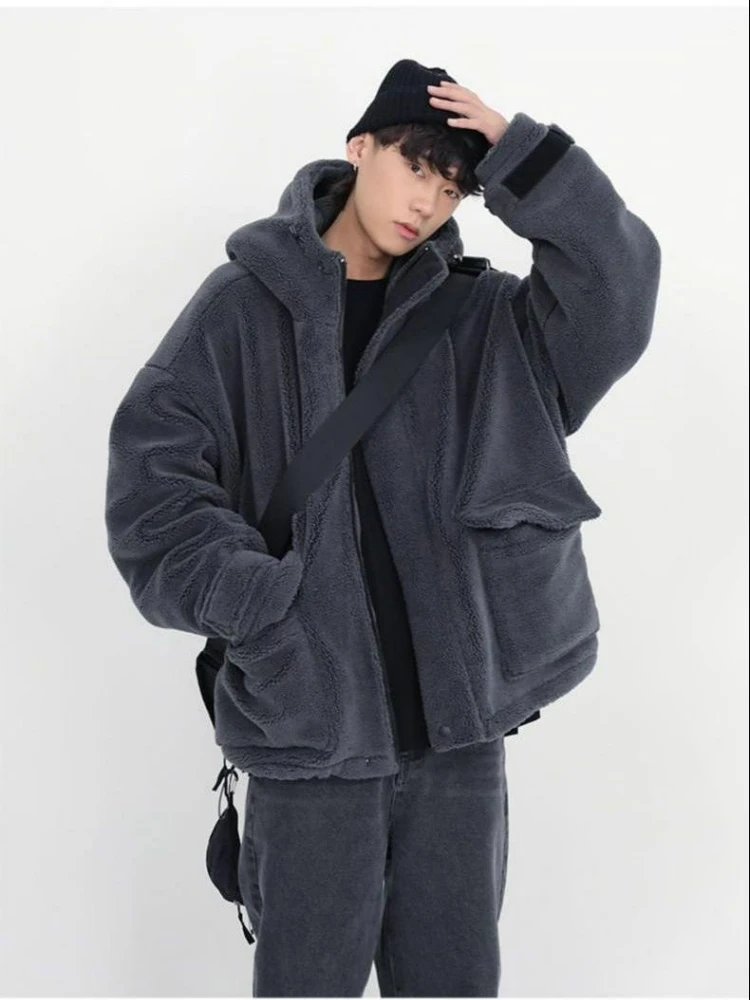 Winter 2024 Fake Fur Coat Oversize Cashmere Men\'s Zipper Up Dark Gray Coat Unisex Hip Hop Hooded Plush Padded Jacket