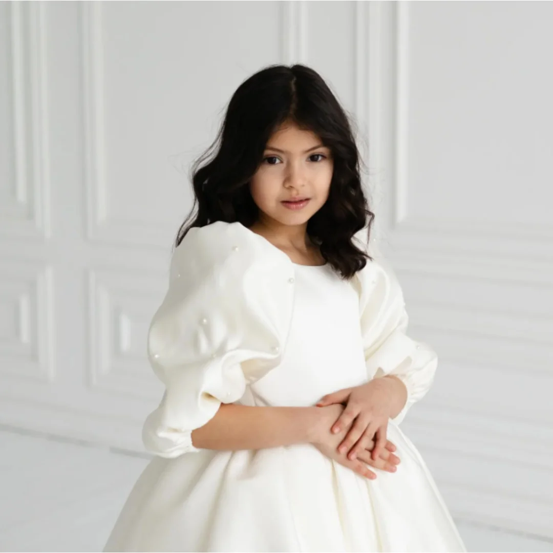 Girls Ivory Satin Flower Girl Dress Puff Short Sleeve Pearls A Line Midi Length Kids Wedding First Communion Formal Pageant Gown