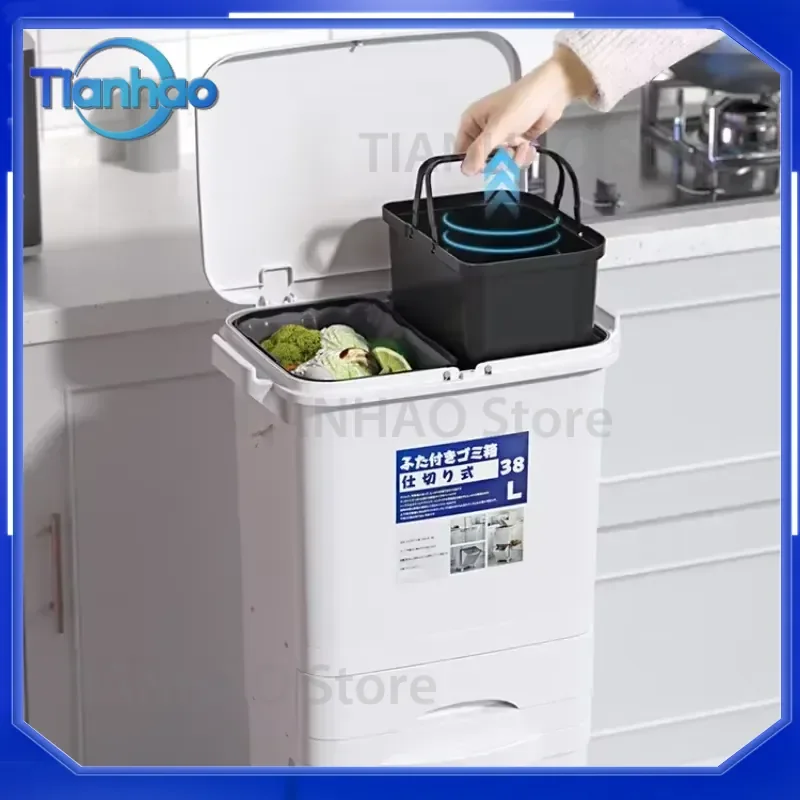for Kitchen Square Wastebasket Double-Layer Sorting Trash Can Press Type Plastic Large Trash Bin with Lid Household Baskets