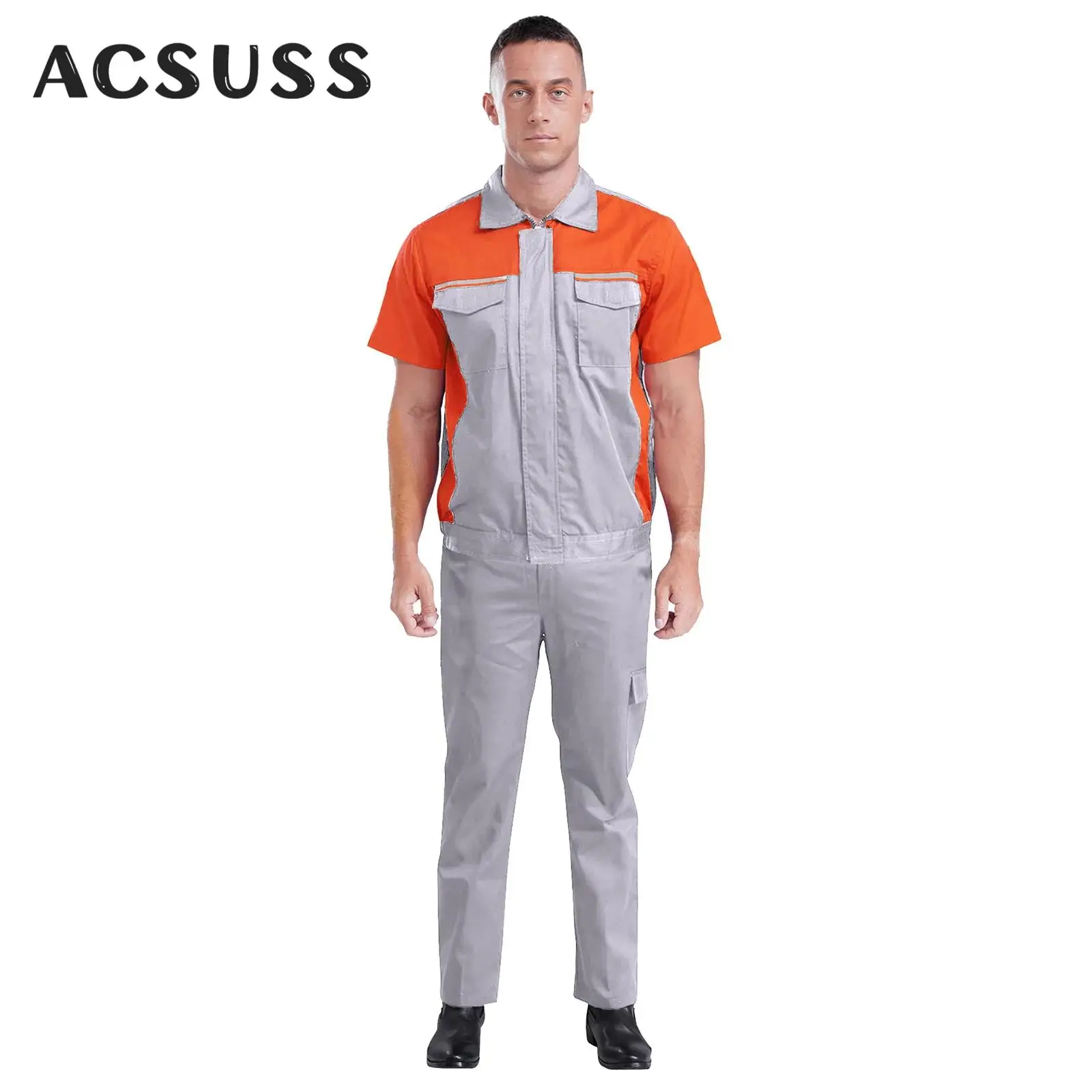 Men Cotton Work Suit Mechanic Factory Short Sleeve Dustproof Shirt Tops with Elastic Waist Pants Workwear Workshop Uniform