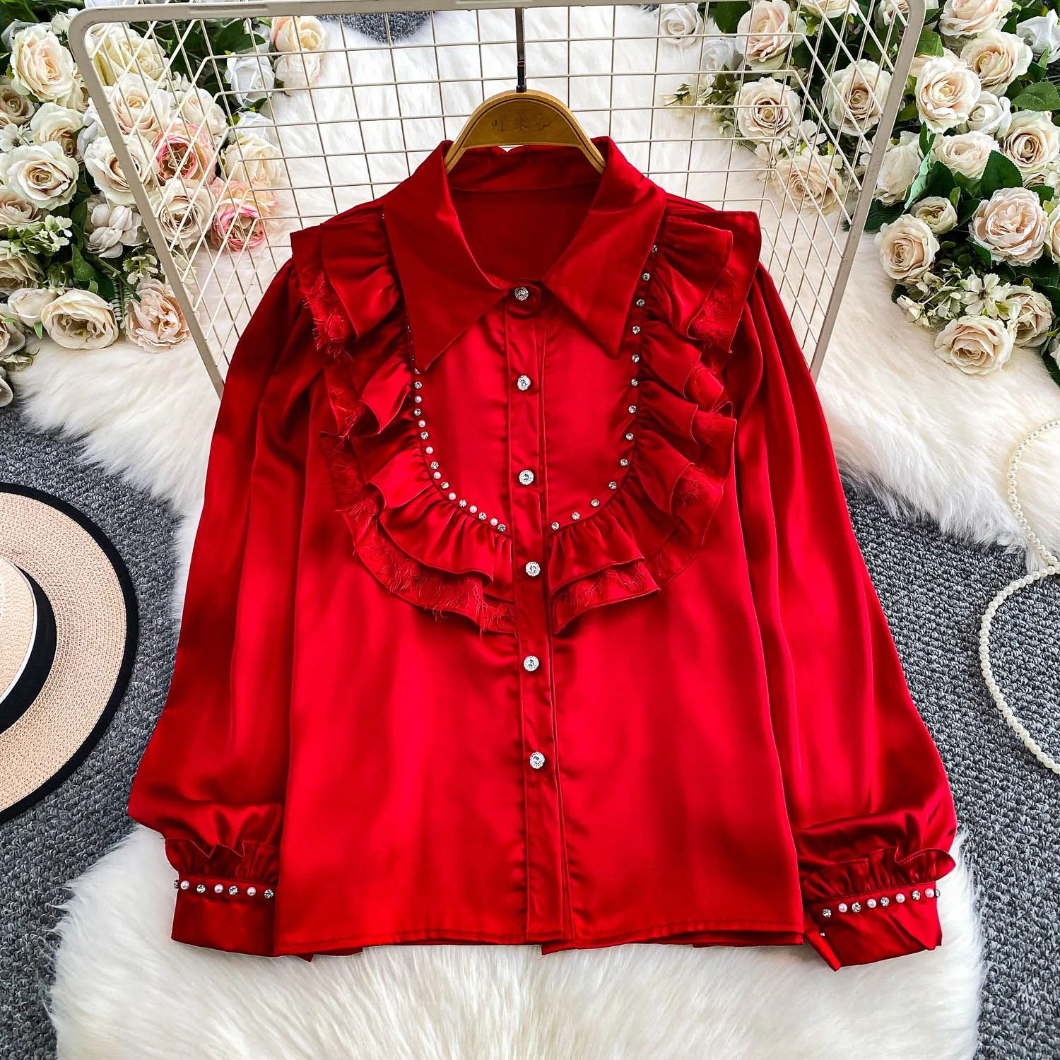 

Elegant Vintage satin button Blouse Long Sleeves Korean Fashion Goth autumn winter Shirt women clothing
