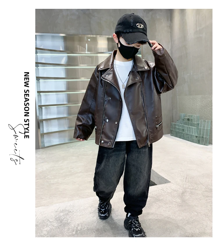 Elegante Kinder-Lederjacke für Teenager-Jungen im koreanischen Stil, schmal geschnittener PU-Ledermantel mit Reißverschluss, modische Frühlingskleidung für Kinder. – Detail 11