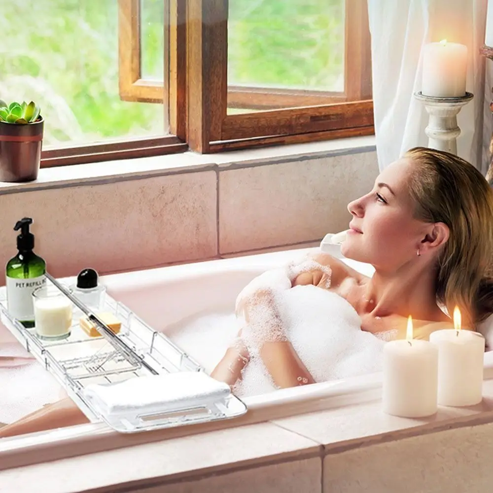 

Противоскользящий расширяемый поднос для ванны, устойчивый к царапинам коврик, регулируемая длина, прозрачный складной столик для ванны с держателем для телефона