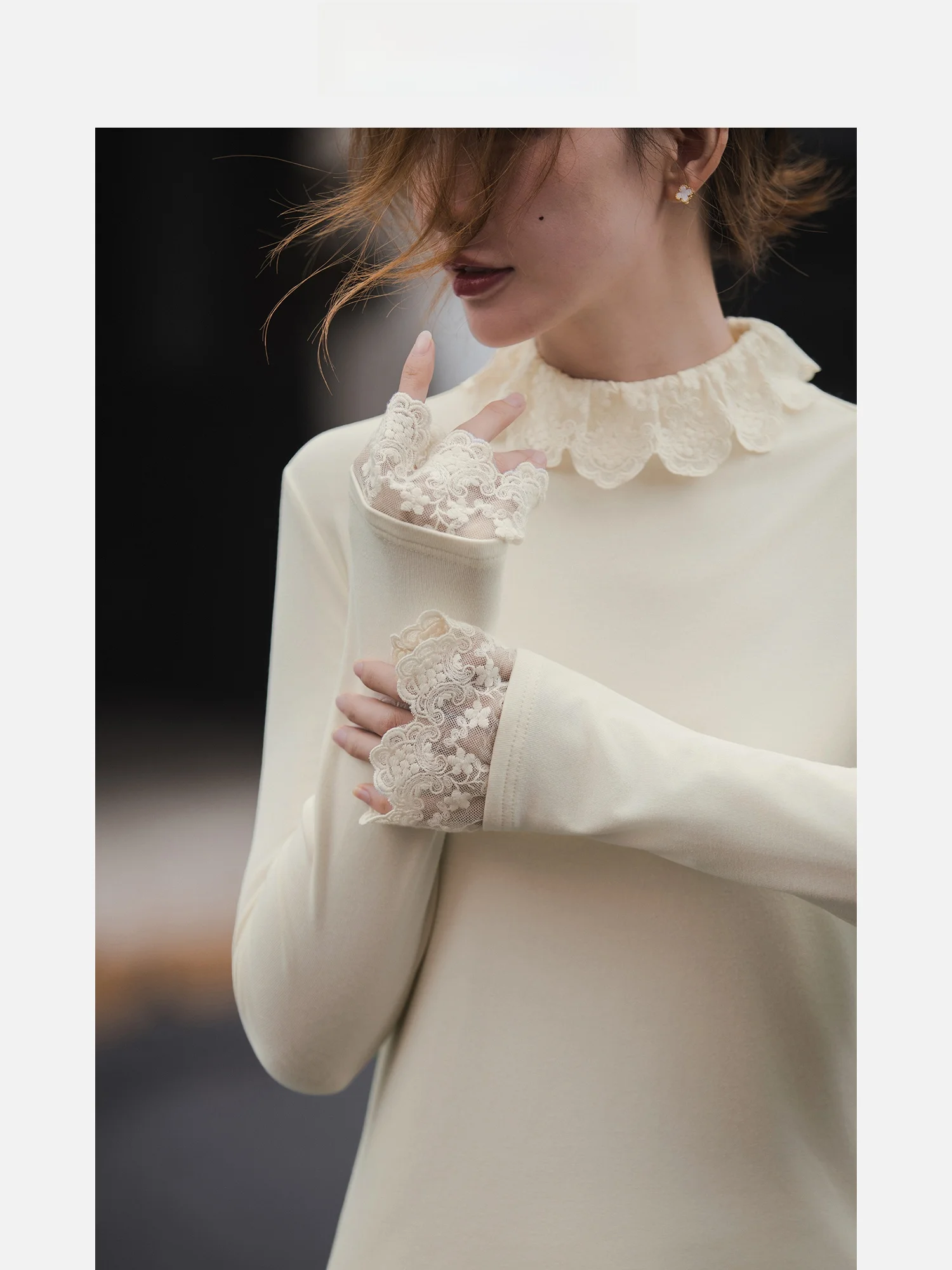 

Floral Language T-irt Lace Trim Splice Straight Cut Slimming Base irt Women's Autumn Winter New Sle Knitted Inner Wear