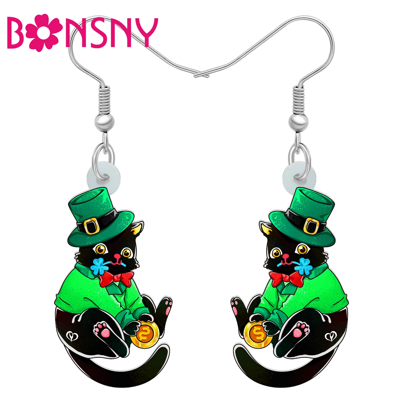 BONSNY Acrylic St Patricks Day Black Cat Earrings Green Hat Shamrock Kitten Animals Jewelry Good Luck Gifts For Women Pet Lovers