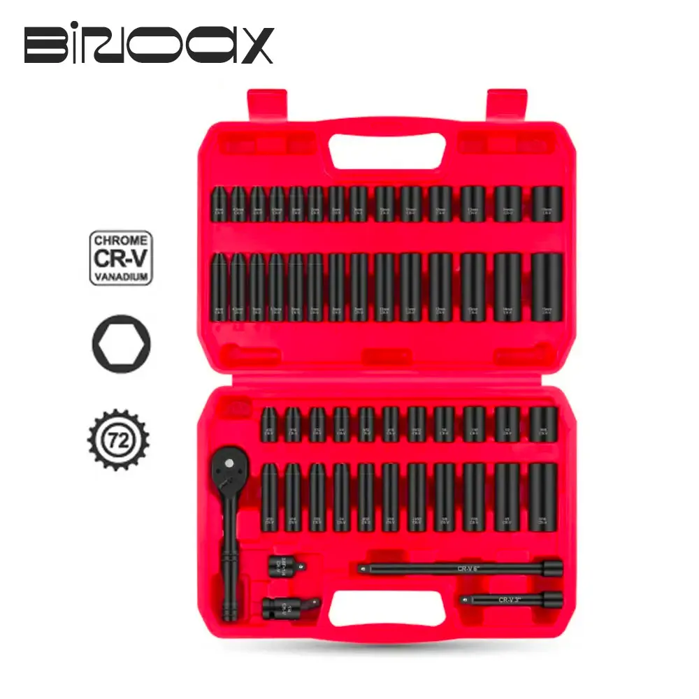 binoax drive impact socket grupo sae padrao e tamanhos metricos pontos cr v soquete de aco 48 pcs 55 pcs 66 pcs 01