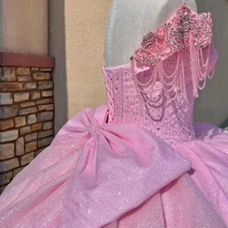 Custom Made Pink Princess Girl Quinceanera Dresses Off Shoulder Beading Lace Up Bow Vestido De xv Anos Sweet 15 16 Party Prom