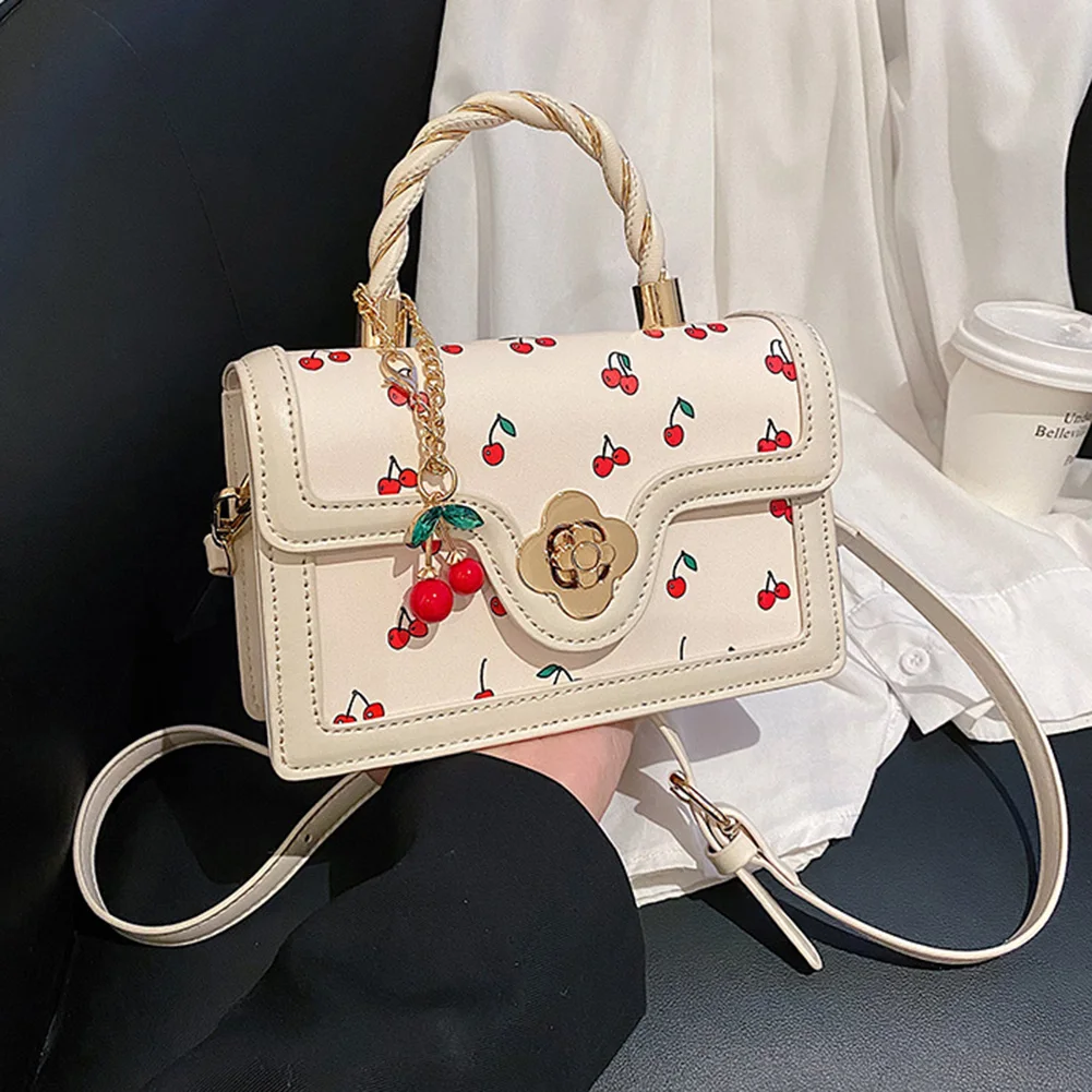 Women's Sweet Cherry Pattern Small Handbag PU Leather Fashion Crossbody Bag Ladies Exquisite Square Purses Luxury Top-Handle Bag