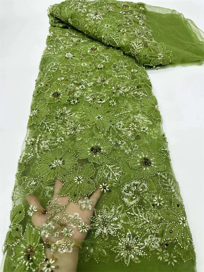 

African Sequins Beads Lace Fabric for Women, French Bridal Embroidery, Beaded Lace, Luxury Wedding Dresses, High Quality, Green