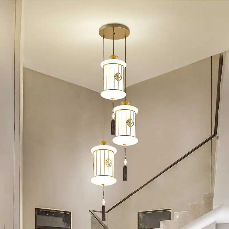 Stair chandelier New Chinese duplex floor rotating chandelier Zen Chinese style high-end villa staircase line chandelier