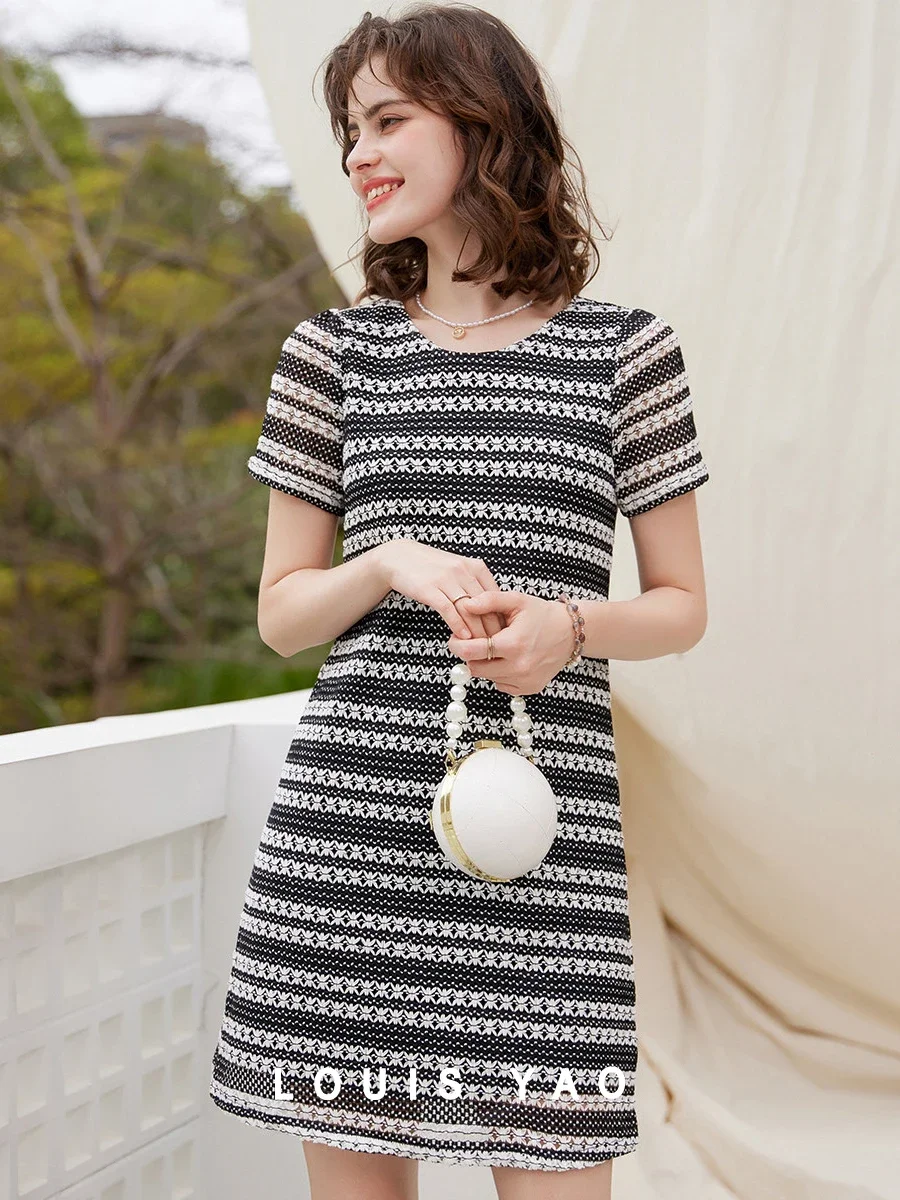 

LOUIS YAO Women Dress 2024 Summer Weave Hollowing Out Dresses O Neck Short Sleeve Elegant Striped Casual Short Dress