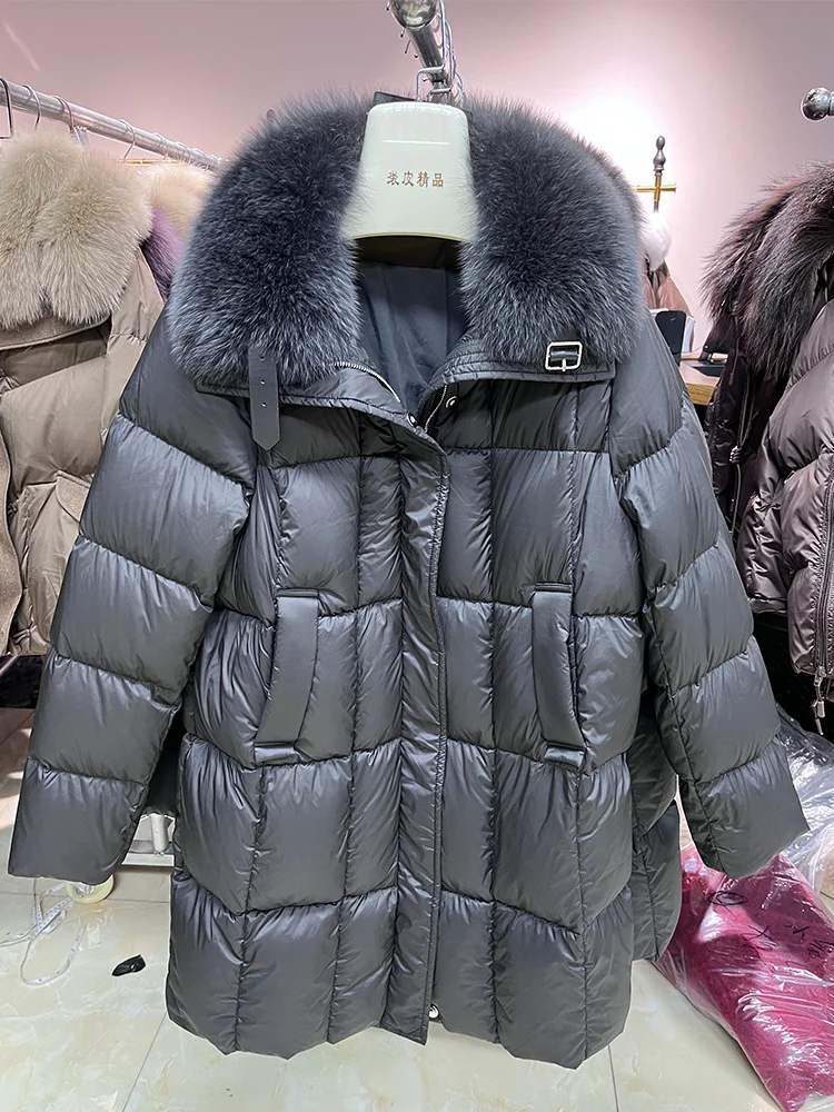 2025年女性用冬用暖かいパファージャケット、本物のフォックスファー襟付き、天然グースダウンジャケット、厚手コート、女性用アウターウェア