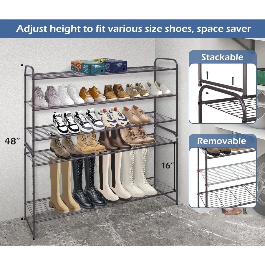 رف أحذية طويل من 3 طبقات لمنظم تخزين الأحذية العريض ورف أحذية معدني قابل للتكديس لـ 24 زوجًا من الأحذية الرياضية الرجالية مع شبكة سلكية