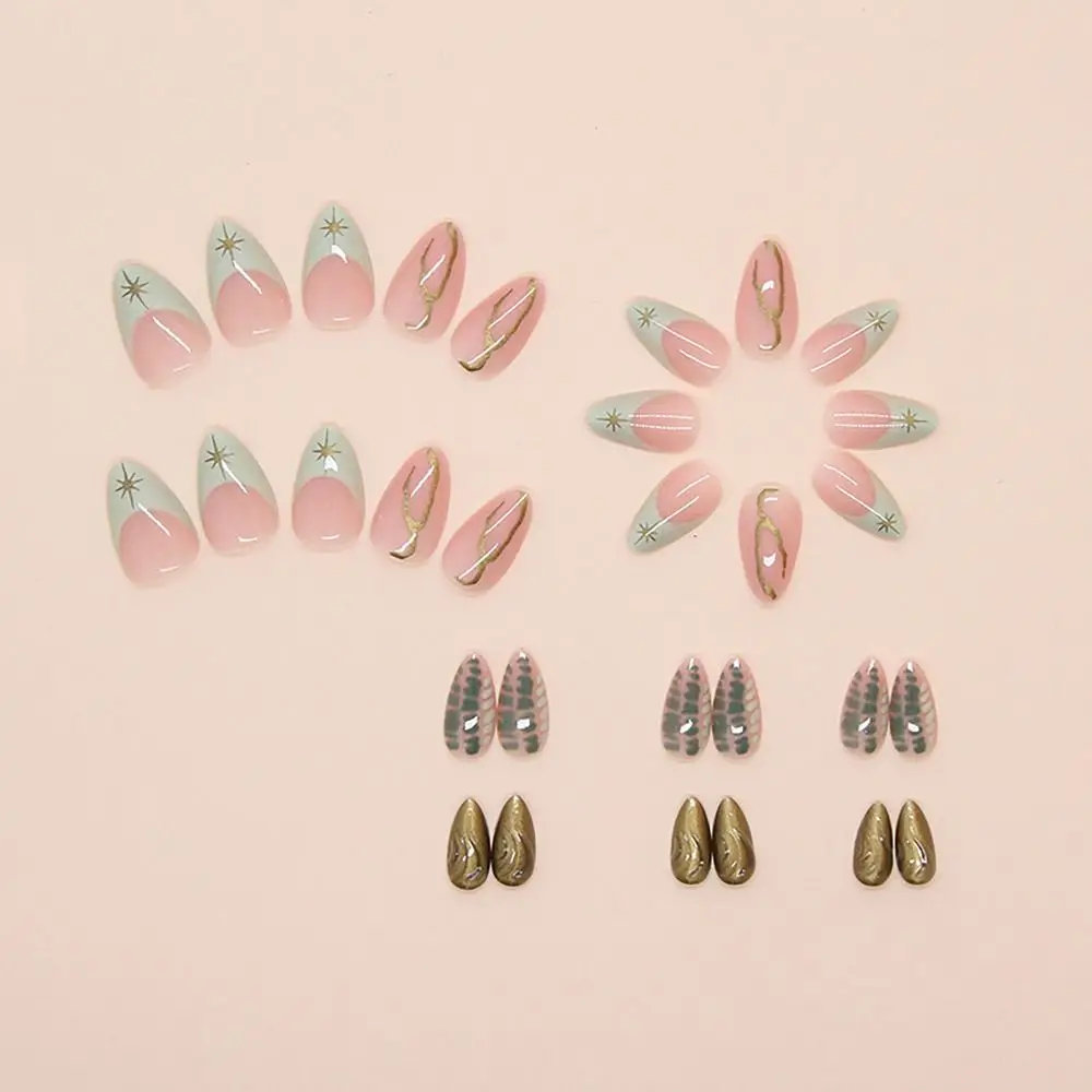 24/30PCS/BOX Cat Eyes False Nail 3D Bow Ripple Love Pearl Full Cover Fake Nail with Jelly Stickers Simple French Lines