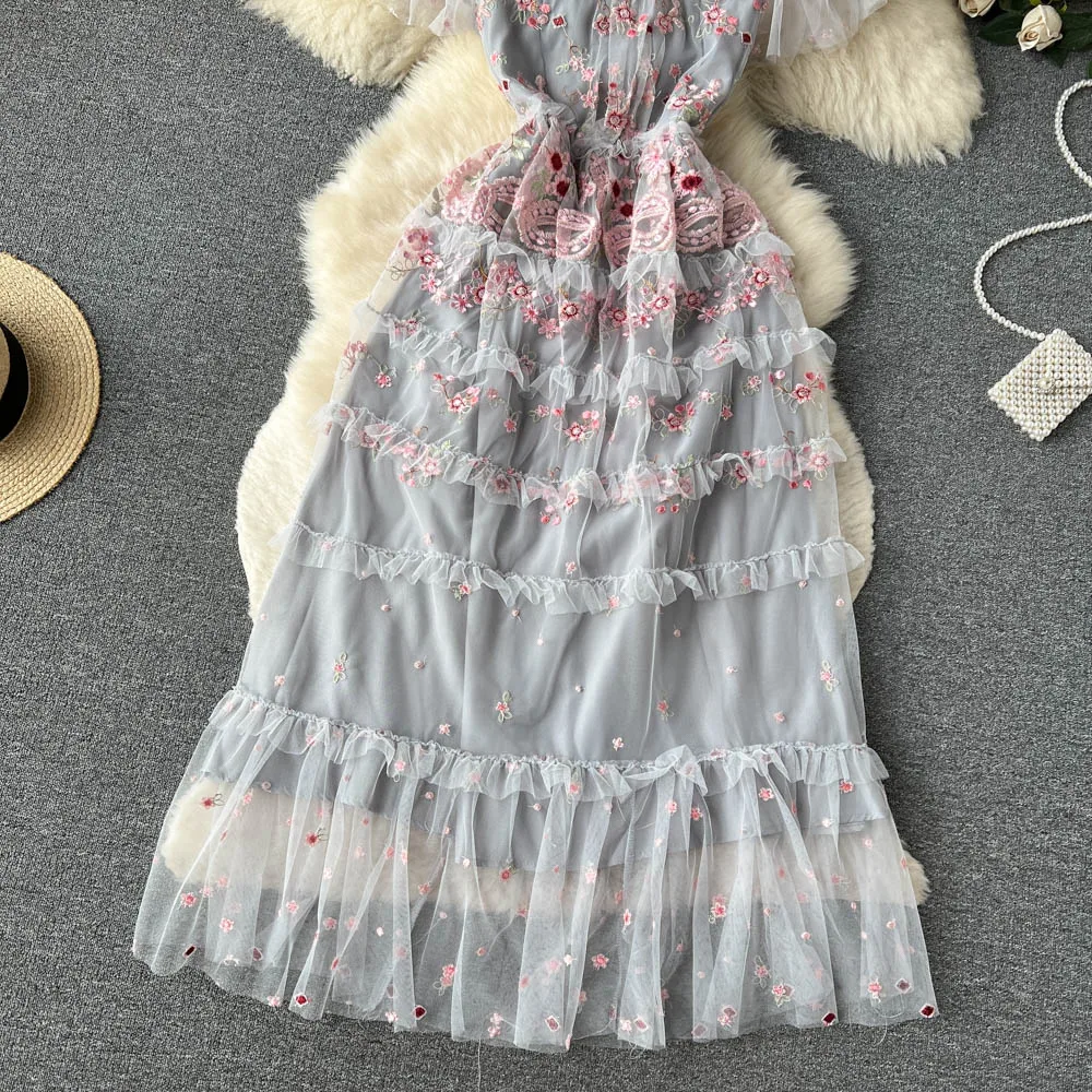 Robe longue en maille grise brodée de fleurs pour femmes, créateur de piste, volants, manches courtes, floral, Maxi, vacances, Boho, été, nouveau, 2023