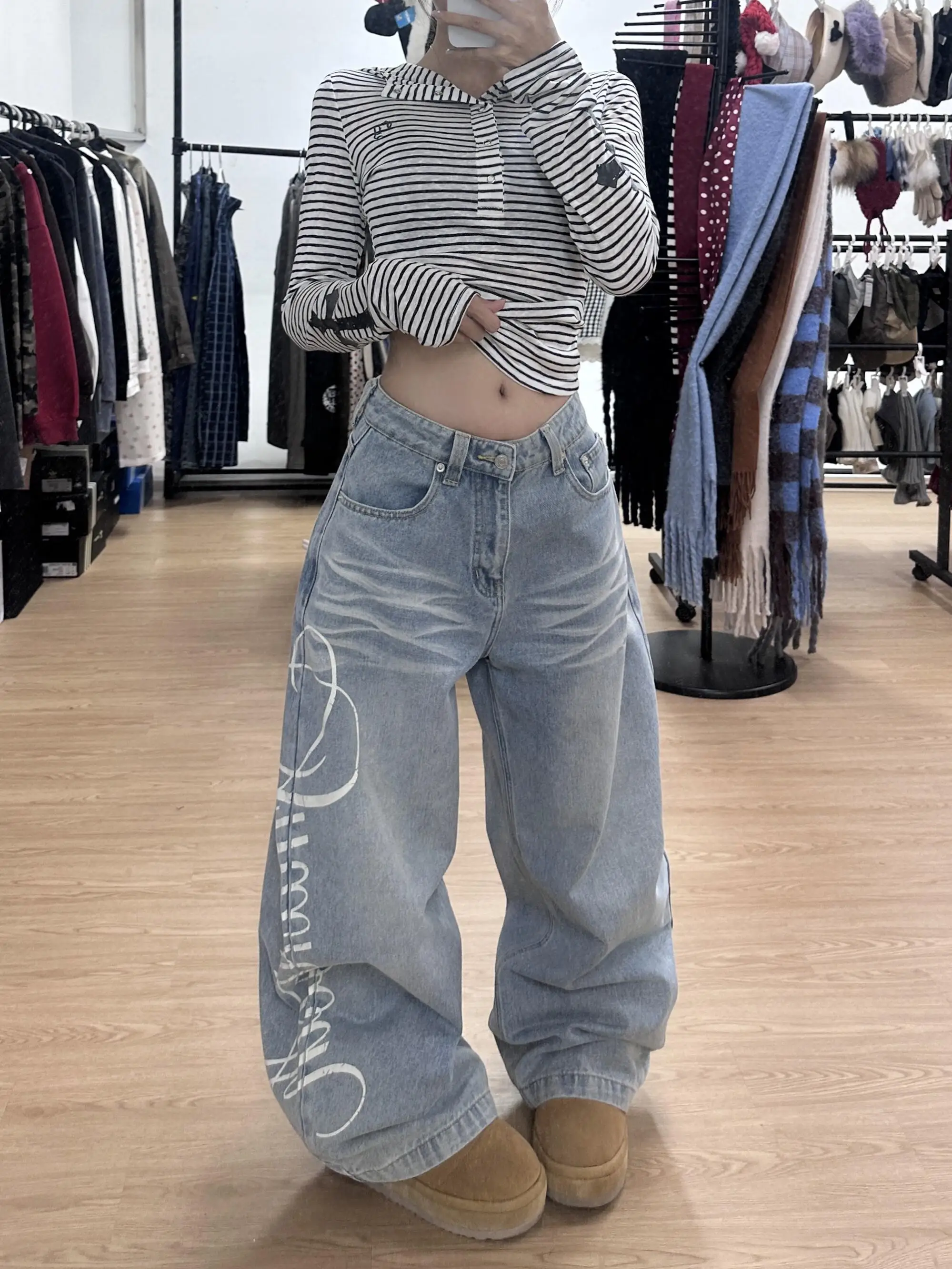 

Джинсы женские широкие с принтом в американском стиле, большие размеры, свободные, с эффектом похудения, с вырезами, для создания индивидуального образа