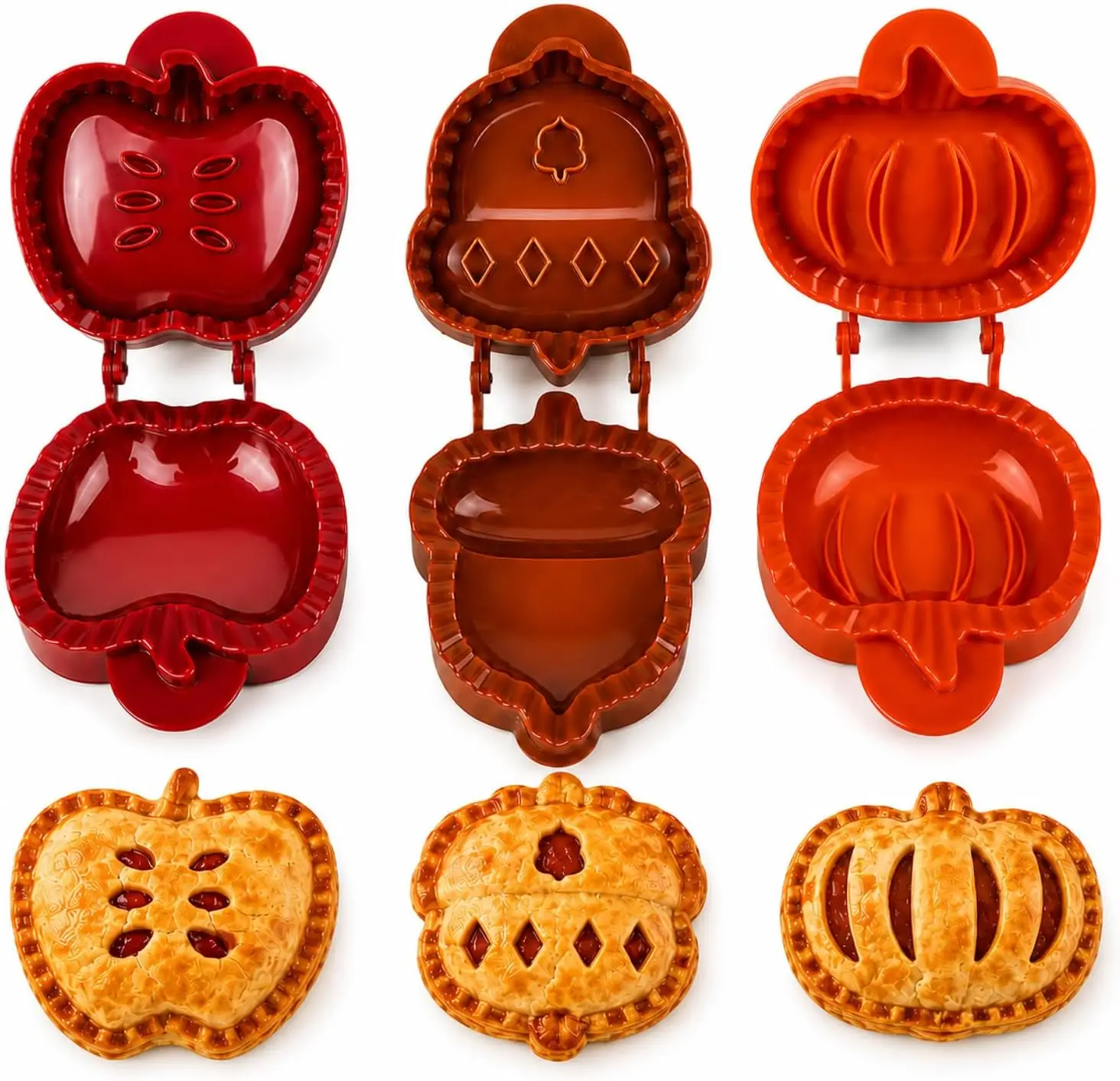 Autumn Harvest Mini Pie Press Molds Set,Red and Brown, Apple Pumpkin Acorn Shapes,3 Piece Pastry Cutters with Decorative Designs
