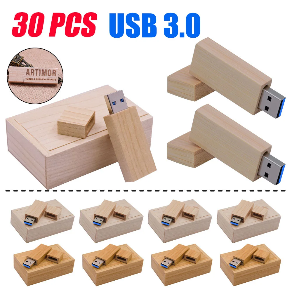 30pcs/lot Flash Drive USB 3.0 Wooden Bamboo pendrive 8GB 16GB 32GB 64GB 128GB High speed Free Logo for Photography Wedding Gift