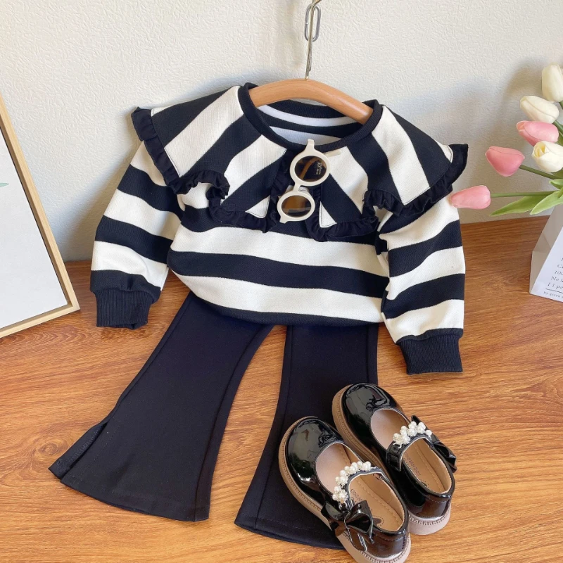 Girls Clothing Sets Autumn Spring Korean Fashion Outfits Striped Lapel Tops + Flared Pants 2Pcs Clothing Sets Girls Casual Suits