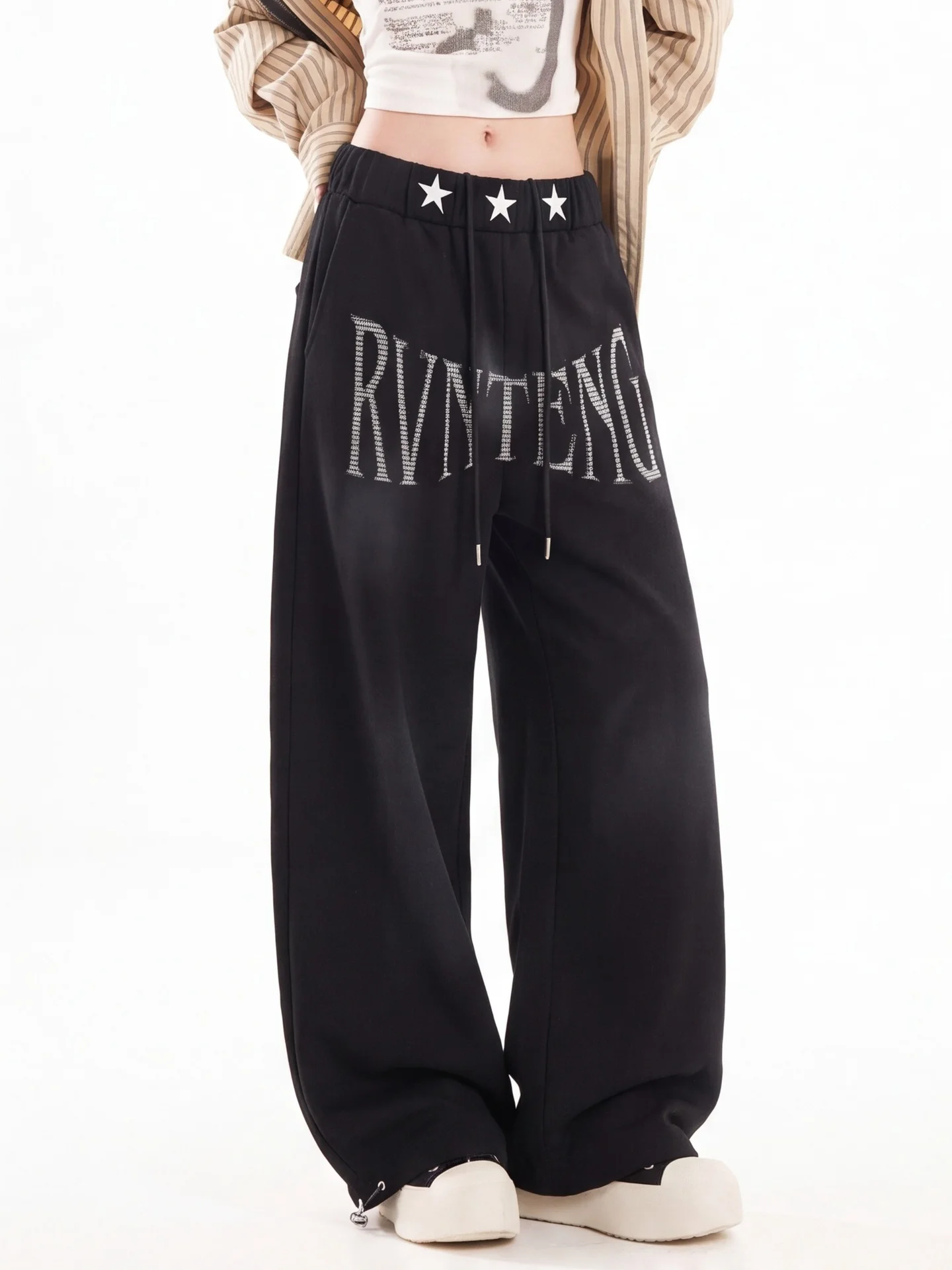 Ant American Style Star Waist Jeans Women's Letter Print Loose Wide Leg Floor-Length Pants Casual Straight Leg Cotton Polyester