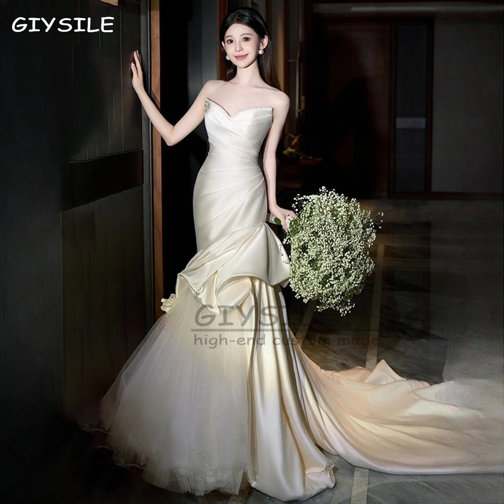 

GIYSILE Customized White Strapless Light Wedding Dresses French Minimalist Satin Bridal Fishtail Dress Formal Party Evening Gown